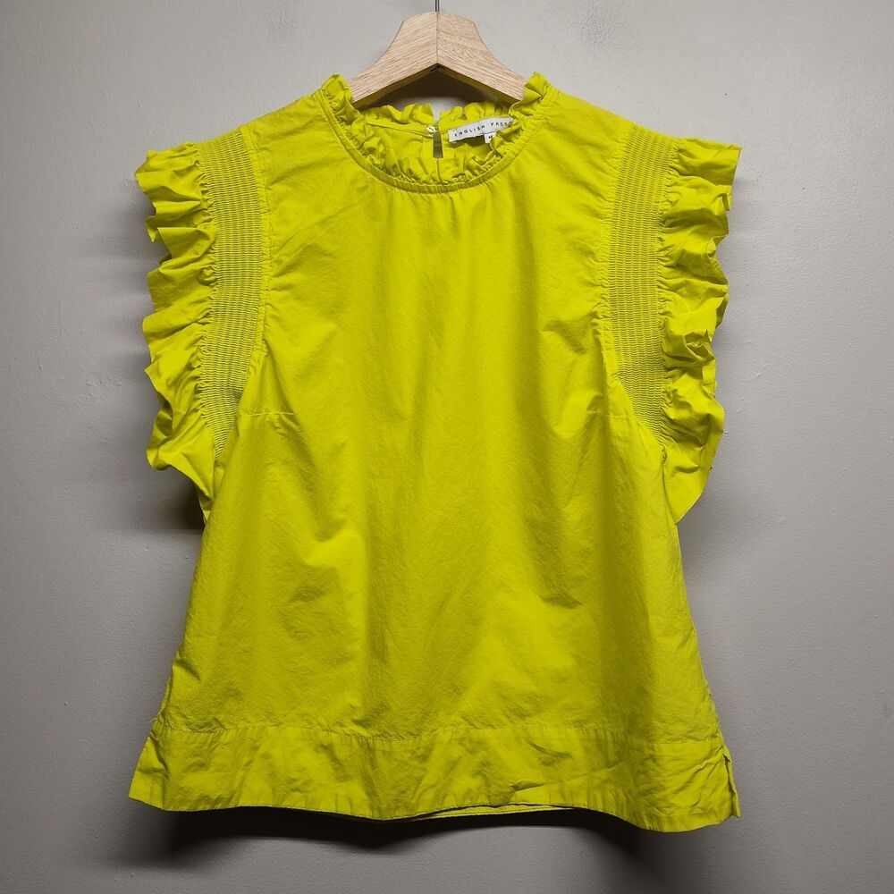 English Factory Blouse Women M Neon Yellow Short Sleeve Ruffle Vibrant Coquette